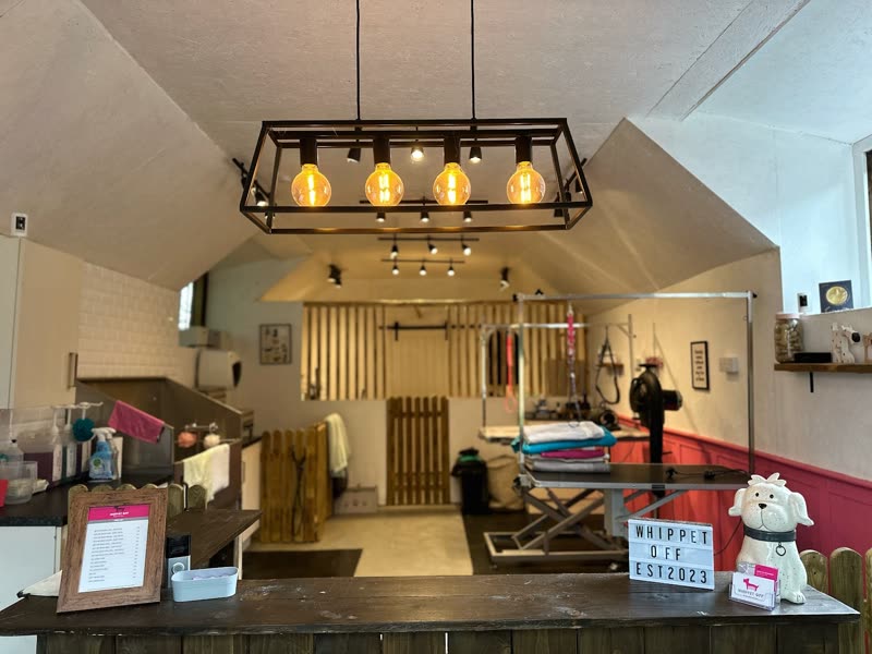 Inside the grooming salon, with wooden kennel bays under a pitched white ceiling and the grooming area beyond