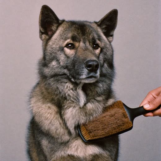 A thick-coated dog being de-shedded with a slicker brush